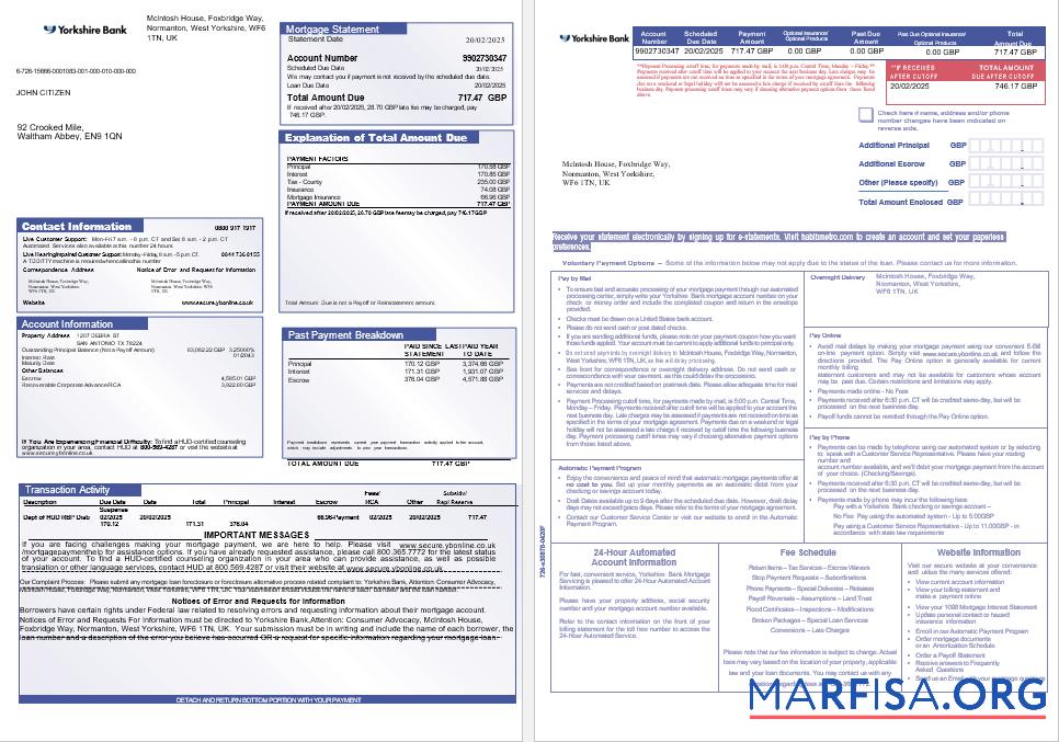 Realistic United Kingdom Yorkshire Bank mortgage statement in Word and PDF formats, 3 pages 1 2 example